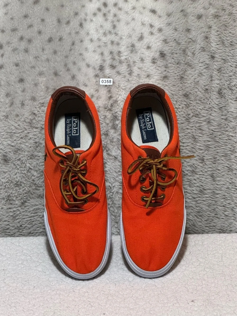Polo by Ralph Lauren Vaughn Orange Canvas Sneakers with Brown Trim Men Sz 10.5D